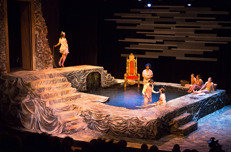 Theatre majors at the University of Louisiana at Lafayette performing a production of Metamorphosis on a stage designed by students