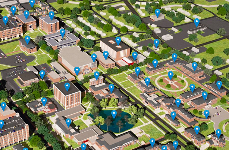 A screenshot of UL Lafayette's virtual tour map with overhead view and pins marking various locations