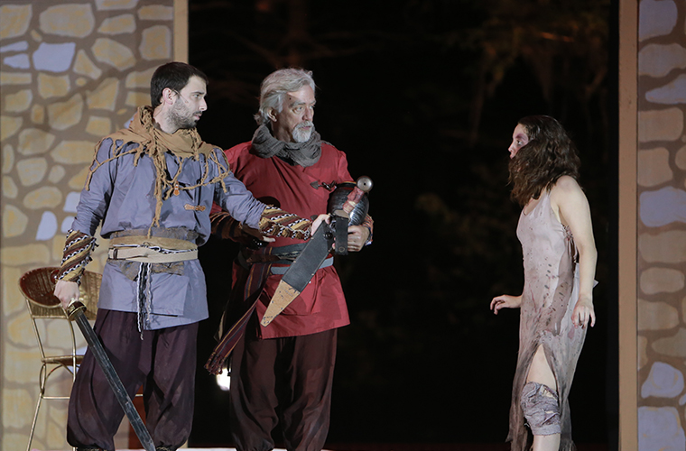 UL Lafayette students performing the play "Electra" on stage at Burke-Hawthorne theatre