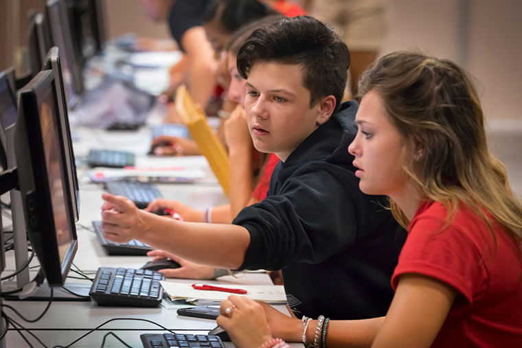 Student explaining a concept to another student at a computer